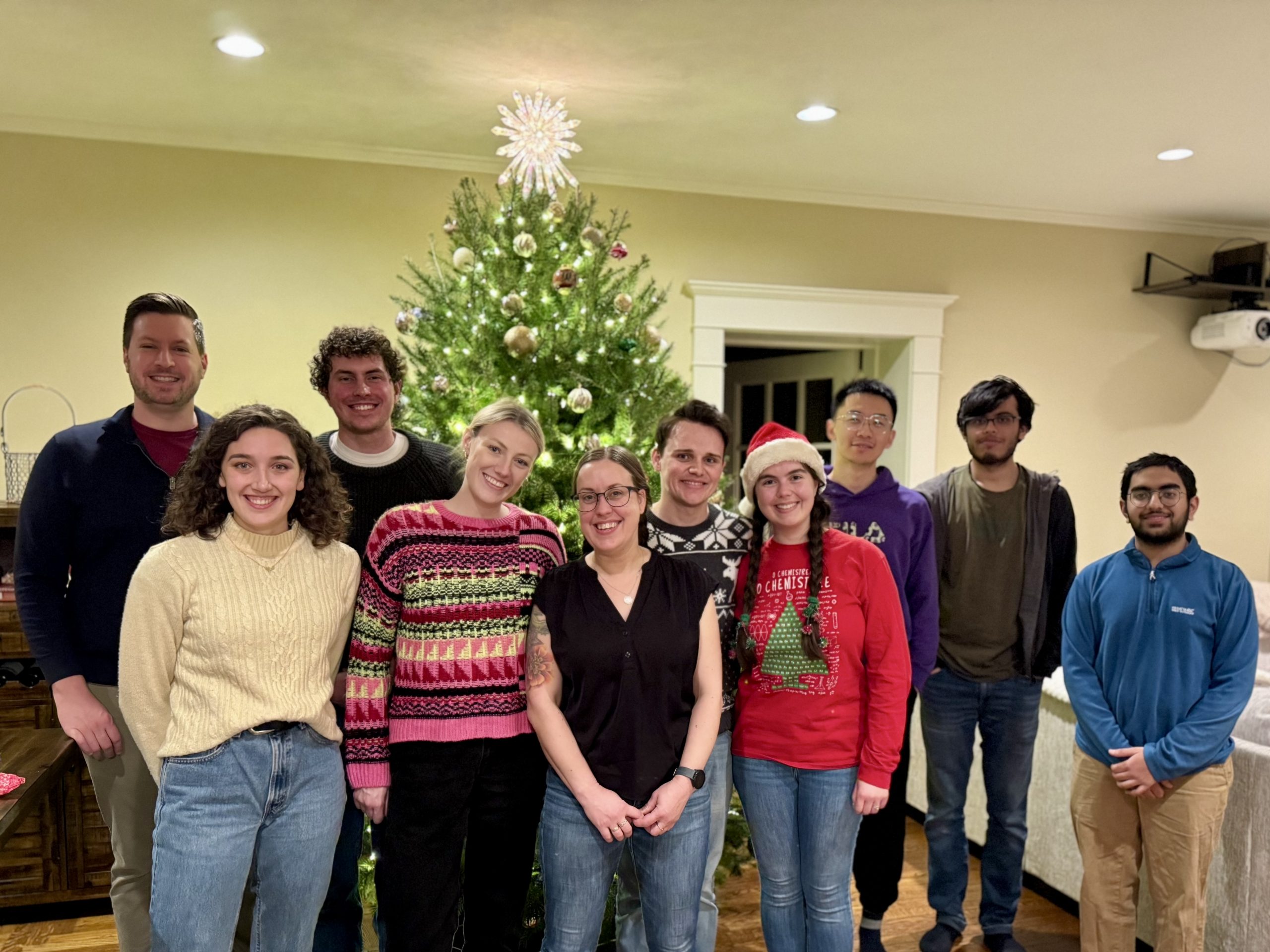 Picture of the lab group with a Christmas tree in the background.